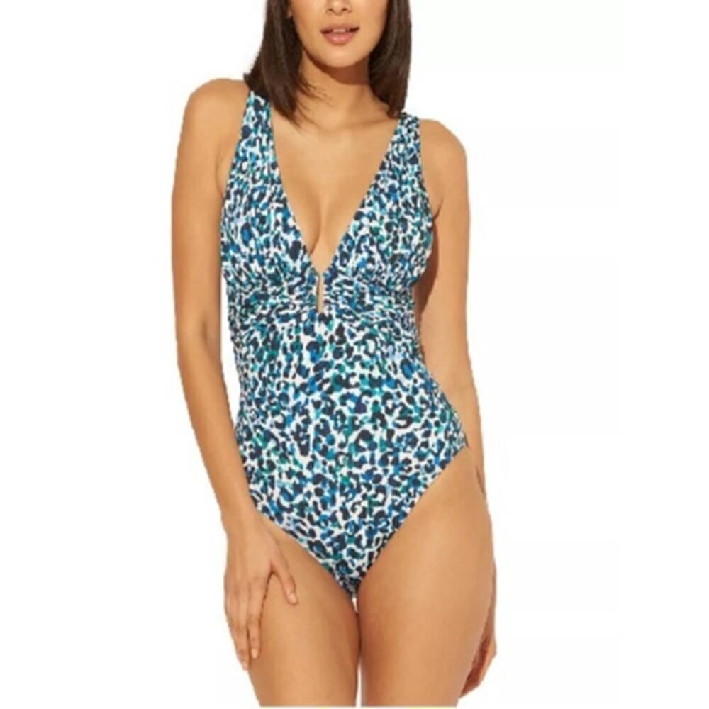 BLEU ROD BEATTIE Women's Animal Print Plunge One Piece Swimsuit Blue Size 10